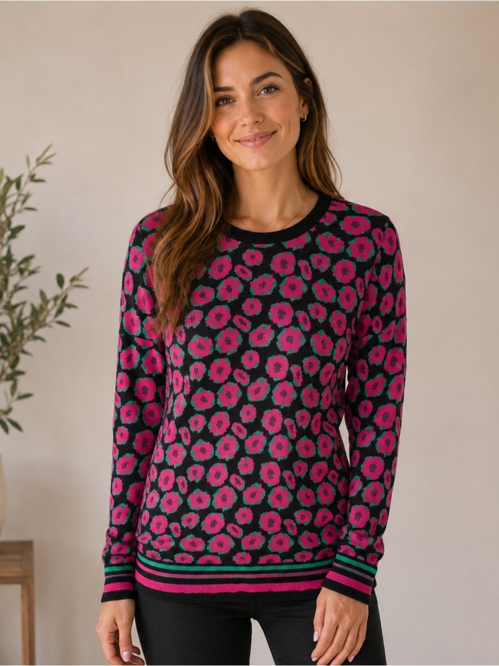 ONE A Women’s M Floral Knit Sweater Pink Green Black Crewneck Pullover